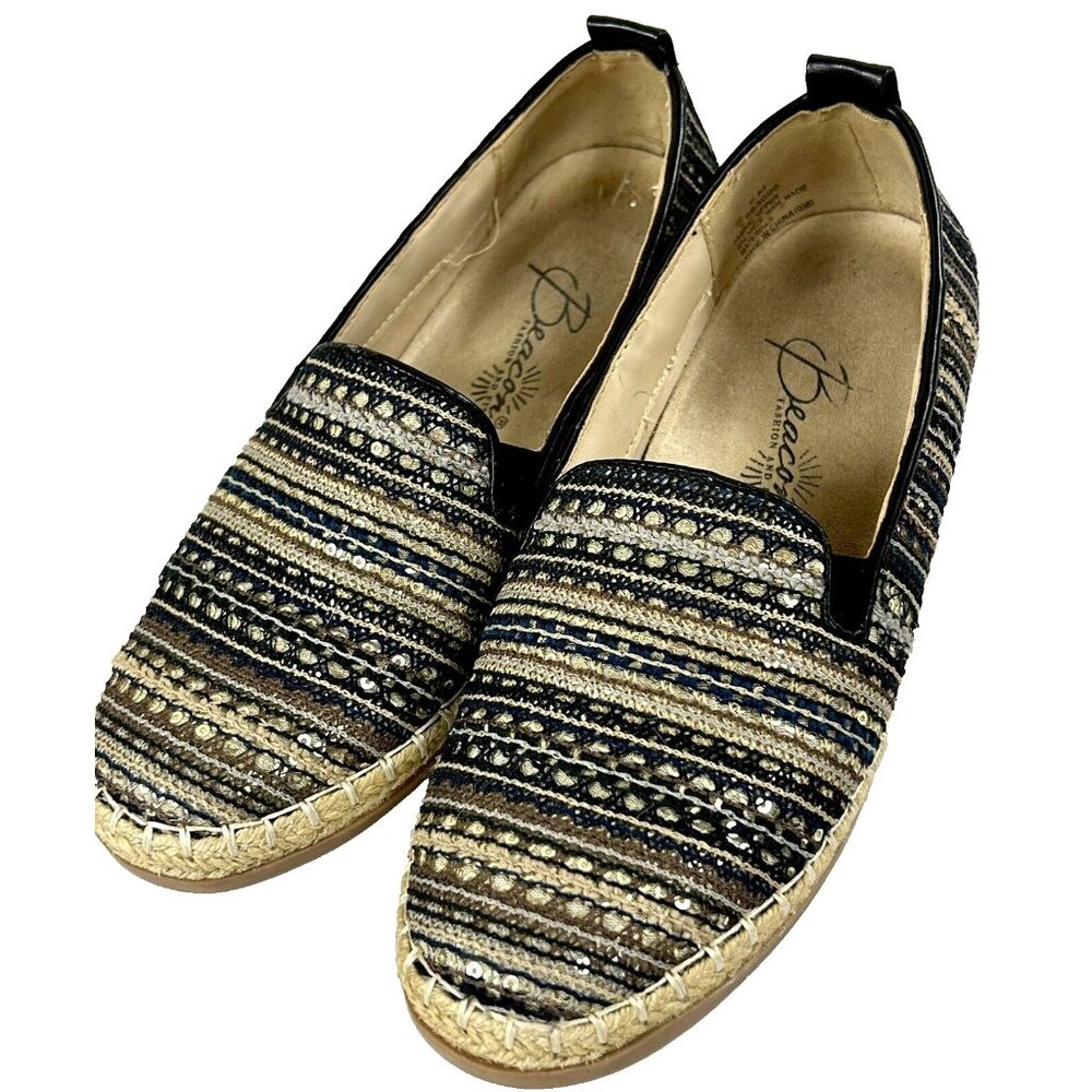 Beacon Shoes Espadrille Style Slip On Comfort Black Gold Sequins Flats 6 EUC